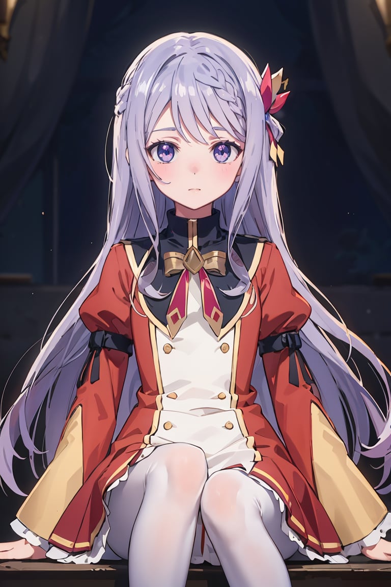 masterpiece, best quality, ultra-detailed, glistening shiny, glowing light, ray tracing, HDR, deph of field, (perfect face, detailed face), <lora:FloraBeltrum:0.7>, florabeltrum, long hair, crown braid, butterfly hair ornament, school uniform, red dress, black collar, puffy sleeves, long sleeves, red bowtie, white pantyhose