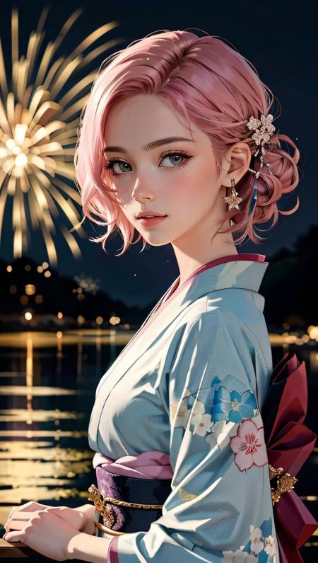 (best quality, masterpiece, colorful, dynamic angle, highest detailed) Realistic photo, fashion photography of a cute European girl with iridiscent pink hair, flirting with POV, in traditional japanese gold&black kimono, ultra detailed kimono textures, perfect night, kyoto, fireworks, (intricate details, hyperdetailed:1.15), detailed, moonlight passing through hair, (official art, extreme detailed, highest detailed), HDR+