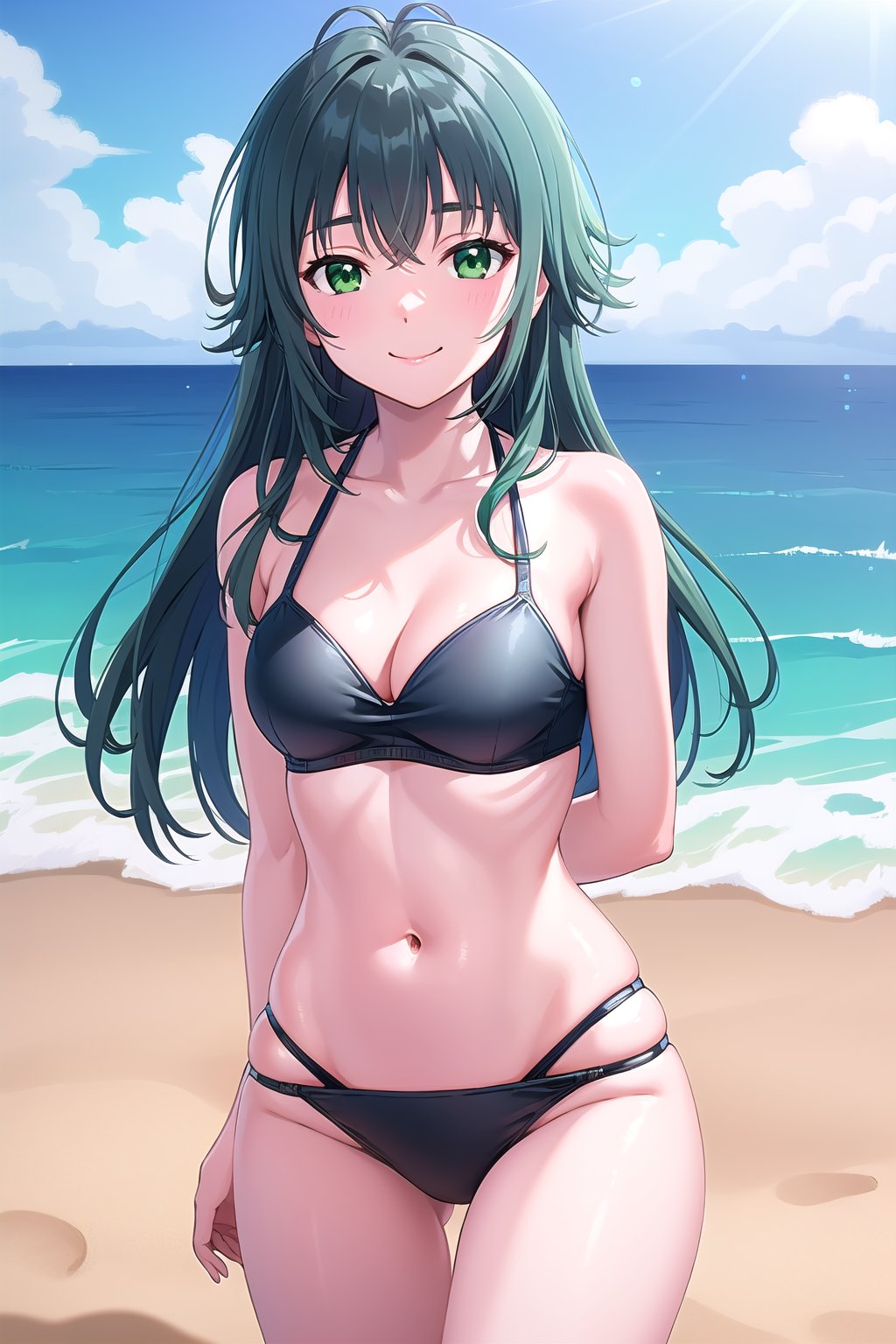 (masterpiece, best quality), highly detailed background, perfect lightingbest quality, tsukimuratemari, solo, outdoors, beach, dark green hair, ahoge, crossed bangs, messy hair, very long hair, green eyes, medium breasts, black bikini, swimsuit, smile, closed mouth, :), <lora:Tsukimura-Temari:0.7>