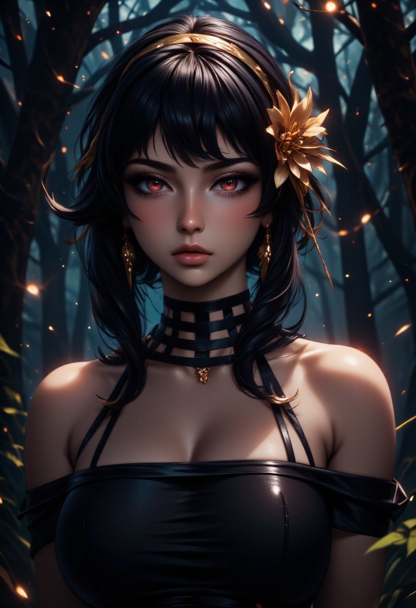 zzYor, black hair, red eyes, short hair with long locks, black dress, hairband, hair ornament, flower, bare shoulders, gold hairband, hair flower, (dark theme:0.9), soothing tones, muted colors, high contrast, (natural skin texture, hyperrealism, soft light, sharp), full body, magical fairy lights, dark forest, 