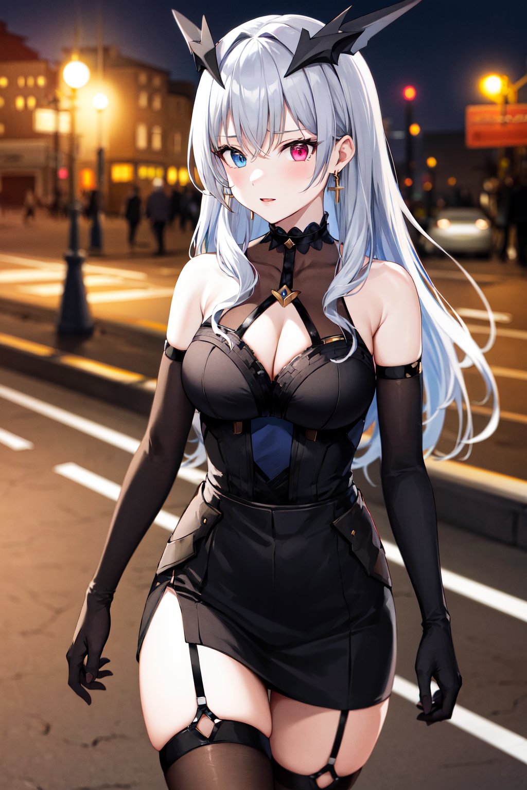 masterpiece, best quality, highres, aaforte, long hair, headpiece, heterochromia, jewelry, earrings, breasts, bare shoulders, cleavage, sleeveless dress, black dress, elbow gloves, black gloves, garter straps, black thighhighs, <lora:tentei_forte_v1:0.7>, walking, night, city, cowboy shot