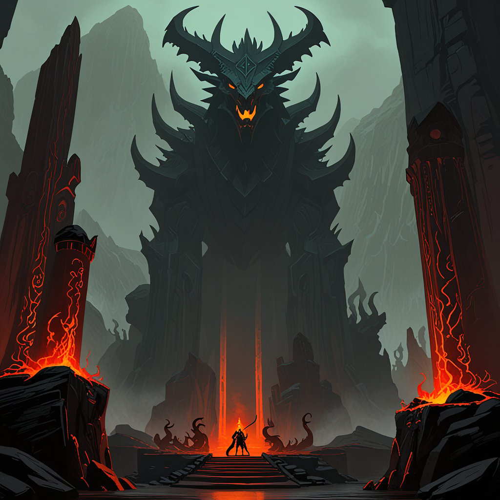 (by Jotun22, by Winslow Homer), concept art, gate, feral (diablo:1.25), horns, spike, sculpture, demon, glowing, throne room, tourch, foggy, pillar, lava, pentagram, fantasy, cliff, path