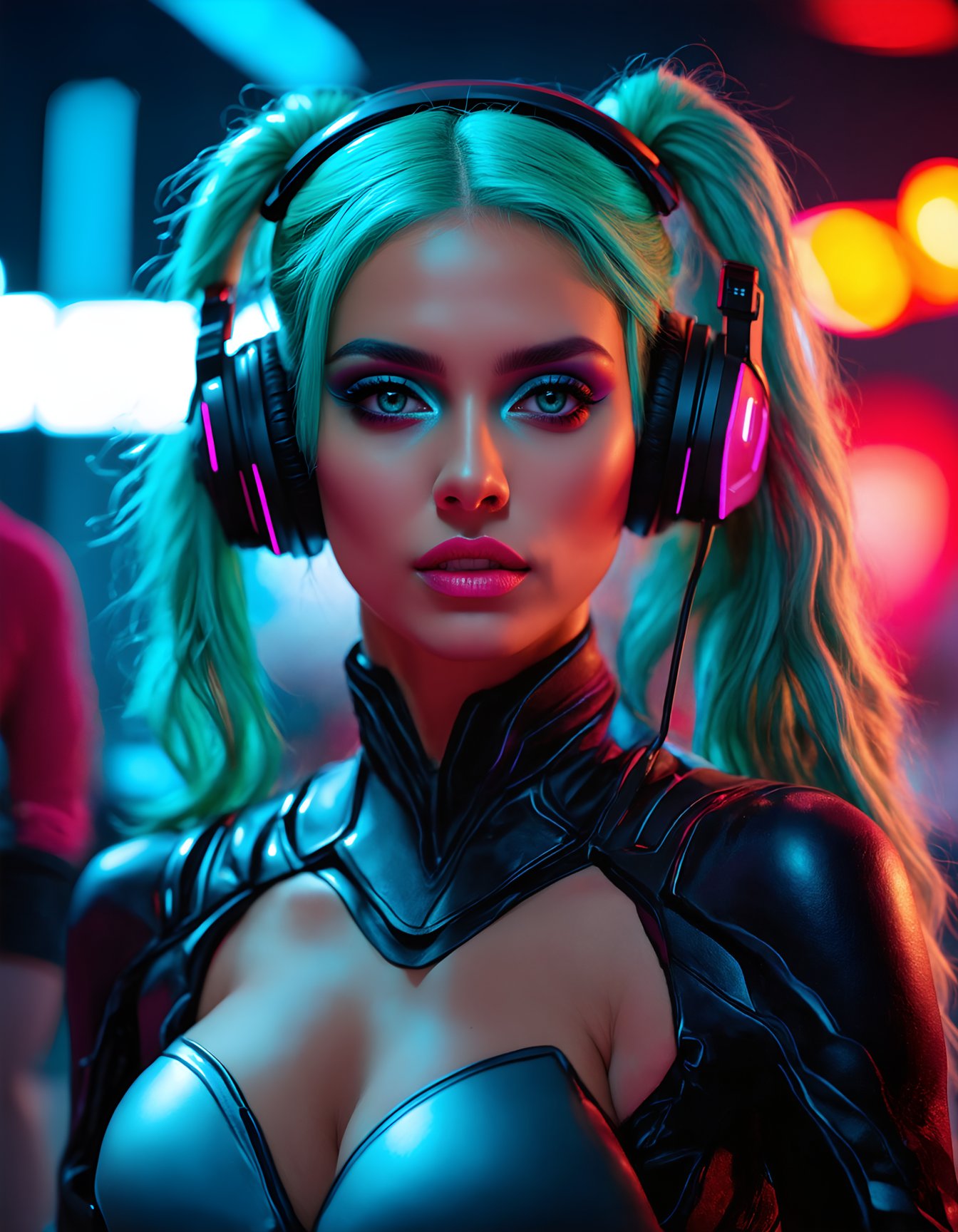 (best quality, 4k, 8k, highres, masterpiece), ultra-detailed, face makeup, cosmetic makeup, woman, long hair, looking at viewer, blue eyes, upper body, ponytail, green hair, blurry, lips, blurry background, aqua hair, bodysuit, depth of field, headphones, forehead, science fiction, realistic, neon trim, cyberpunk, neon lights, makeup_slider_v1_sd3m.safetensors