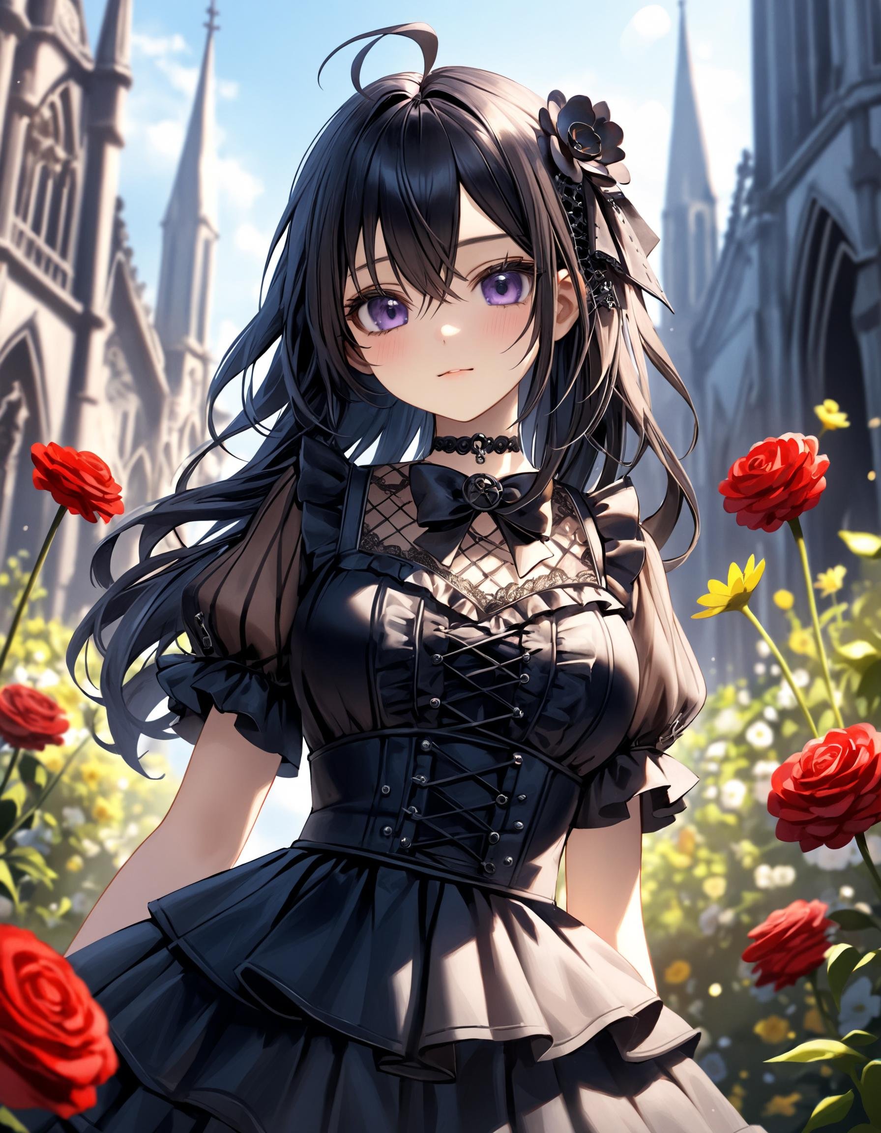 Depth of field. Upper body shot. Cinematic angle. A cute girl. Solo. (Cute round face:1.1). Detailed dark-purple eyes and tsurime. (Long:1.1) wavy hair, black hair, black inner hair, ahoge and hair between eyes. Detailed body. Medium breasts. (Ruffled gothic tops:1.2), bow tie, (sheer short sleeves:1.2), choker, gothic motif waist, and long (layered skirt:1.4). :). Contrapposto. Head tilt. Looking at viewer. Fashionable gothic style flower park. Blue sky. (Daytime:1.2). (Natural lighting:1.4). Gothic style. Cinematic style. Photorealistic. Intricate details. Extremely detailed. Outstanding intricacies. (Masterpiece:1.2). (Best quality:1.2). (Absurdres absolutely resolution:1.4).