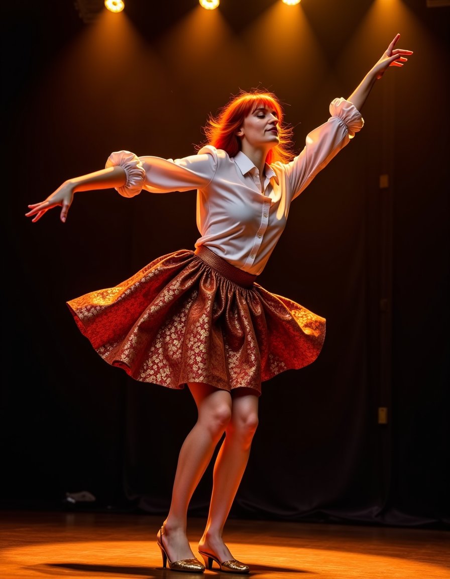 frwc, a beautiful red head woman, wearing a  shirt and a skirt, in a stage dancing  <lora:florence-welch:1.2>