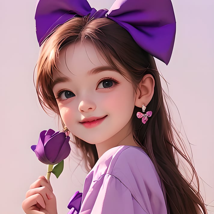 A girl,lovely,purple bow,purple T-shirt,holding a rose in her hand,sweet smile,wink,close one eye,lovely <lora:20240519-1716124455960:0.7>