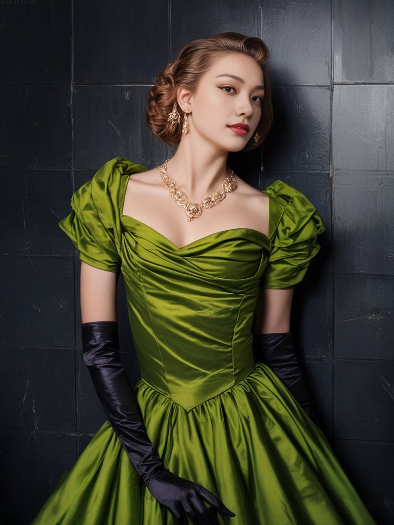 1girl, <lora:DA_CindKateDress_pony_v1:1> satin green dress, satin gloves, bolero, short sleeves, dark empty room, big black metal tiles wall, (score_9, score_8_up:1.1),score_7_up,score_6,raw photo, photorealistic, realistic, slim body, small breast, wide shoulder,