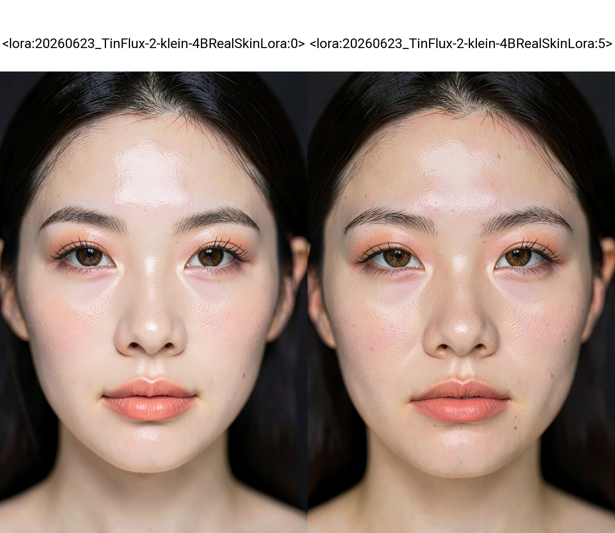 A close-up,  studio portrait of a young East Asian woman's face,  filling the frame. She has fair skin with a subtle glow...