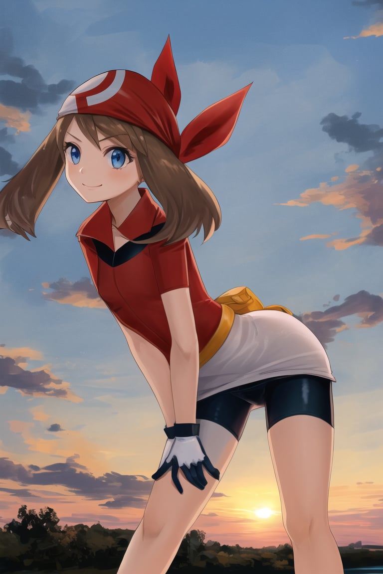 masterpiece, high quality, 1girl, flat chest, slight smile, aroused, bent over, ass focus, cowboy shot, sunset, tower, <lora:may-RS>may-rs, brown hair, blue eyes, bandana, collared shirt, two-tone gloves, fanny pack, bike shorts