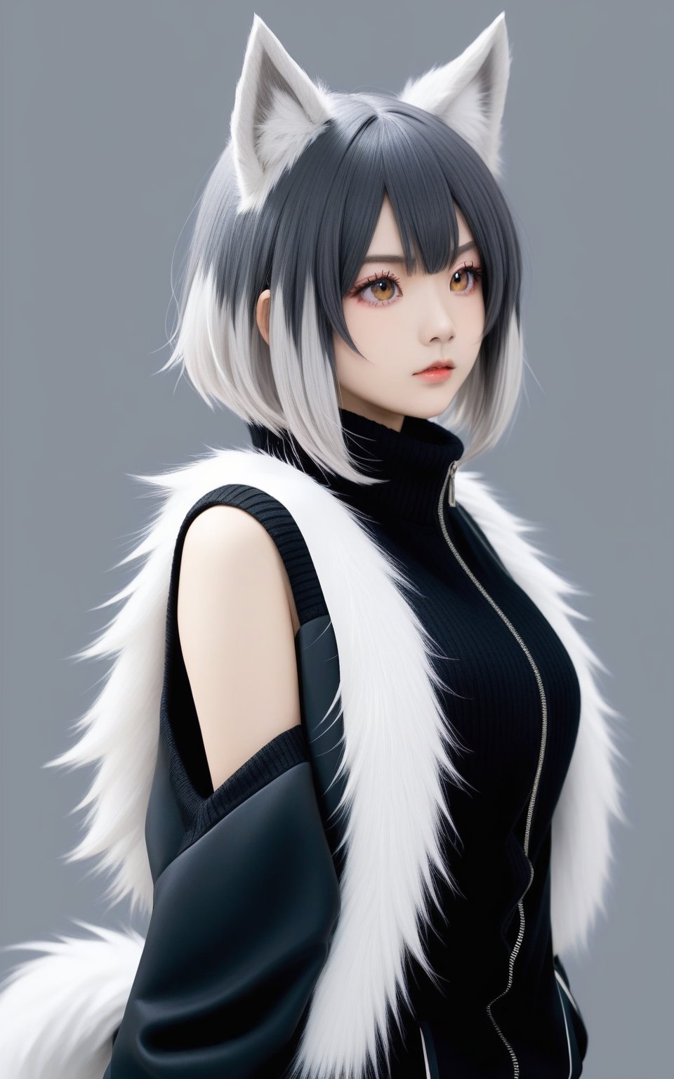 1girl,kuuhaku no canvas ni egaku watashi wa (project sekai), wolf tail, tail, short hair, sweater vest, bare arms, streaked hair, upper body, eyelashes, wolf ears, animal ear fluff, multicolored hair, from side, jacket, fur trim, hair strand, black jacket, v-shaped eyebrows, animal ears, black hair, simple background, grey hair, parted lips, solo, wolf girl,