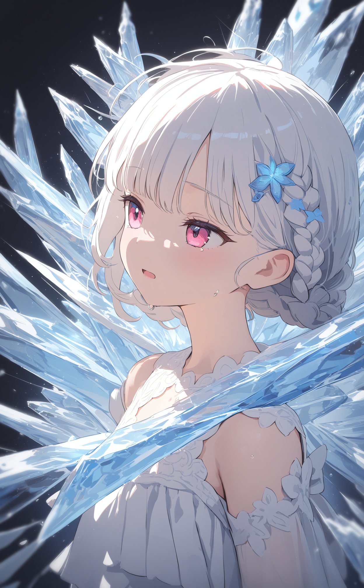 (masterpiece),(best quality),illustration,ultra detailed,hdr,Depth of field,(colorful),loli, wlop,1 girl,loli,White Dress,White short hair,braids,lily flower hair clip,upper body,cry,water,black background,Ice crystal,dappled sunlight,Suspended colorless crystal,beautiful detailed glow, (detailed ice), beautiful detailed water