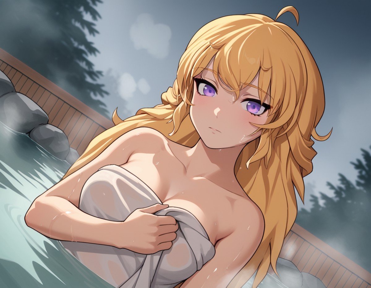 score_9, score_8_up, score_7_up, source_anime, <lora:yang-xiao-long-ponyxl-lora-nochekaiser:1>, yang xiao long, long hair, blonde hair, purple eyes, ahoge, bangs,, nude, naked, outdoors, onsen, towel, naked towel, steam, bathing, nude cover, partially submerged, water, bath, steam censor, wet towel, blush, looking at viewer, solo, cowboy shot, dutch angle