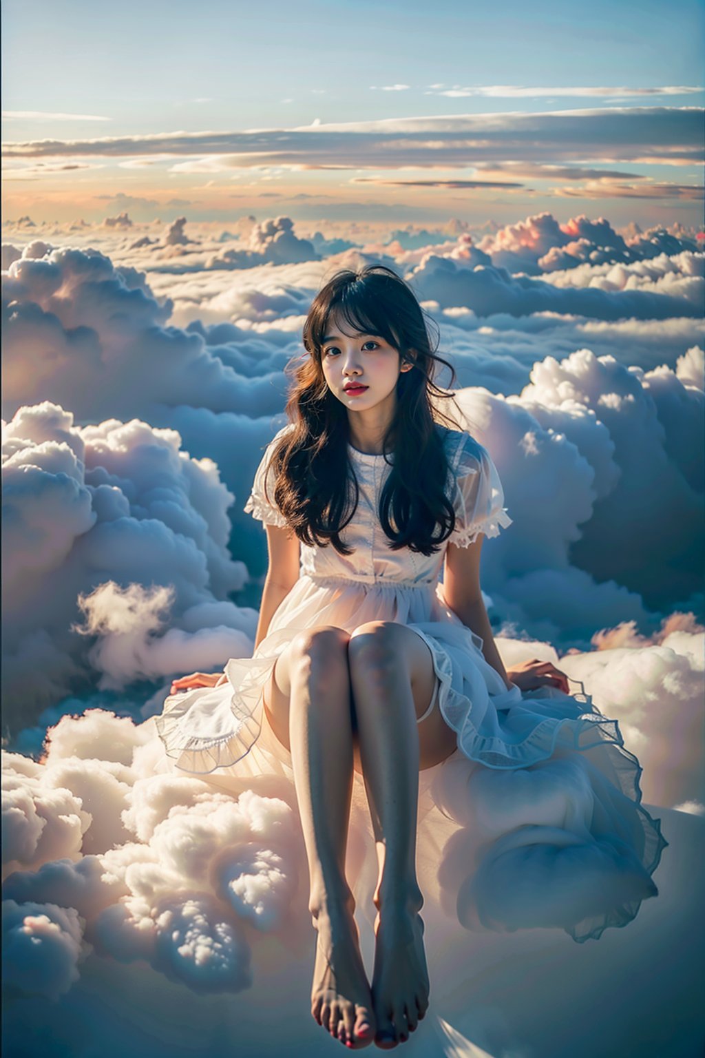 masterpiece,best quality,1girl, floating, above clouds, solo, long hair, black hair, dress, sitting, sky, barefoot, day, cloud, feet, dark-skinned female, lips, cloudy sky, realistic <lora:CloudPhotography_v1_wd14:0.7>