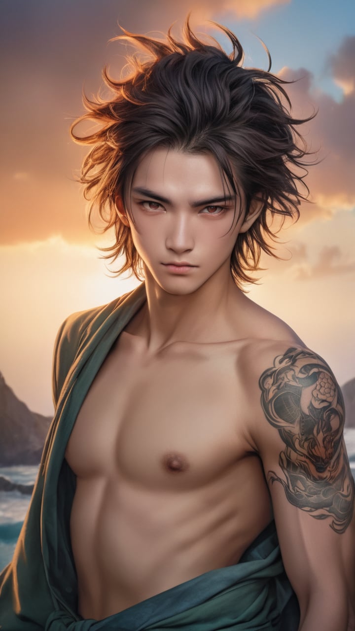 a 20 y.o ancient chinese male swordsman,a hyperrealistic painting inspired by lee jeffries,zbrush central contest winner,hyperrealism,steven mccurry portrait,photography alexey gurylev,alessio albi,prismatic colors,(muscular:1.2),dragon tattoo,metallic luster,ink mountains cloud sea background,son goku,sun wukong,sunset,golden moment,backlight,