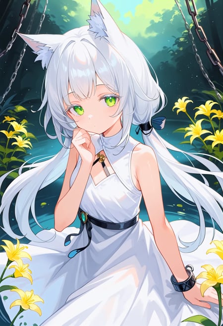 rosmontisB, score_9, best quality,white eyelashes, 1girl, , low twintail, animal ears, long hair, flower, dress, green eyes, white dress, chain, animal ear fluff, white hair, lily (flower), bare shoulders, wolf ears, bangs, sleeveless, black anklet,looking at viewer, closed mouth, Expressionless, upper body <lora:rosmontisXL_pony:1>