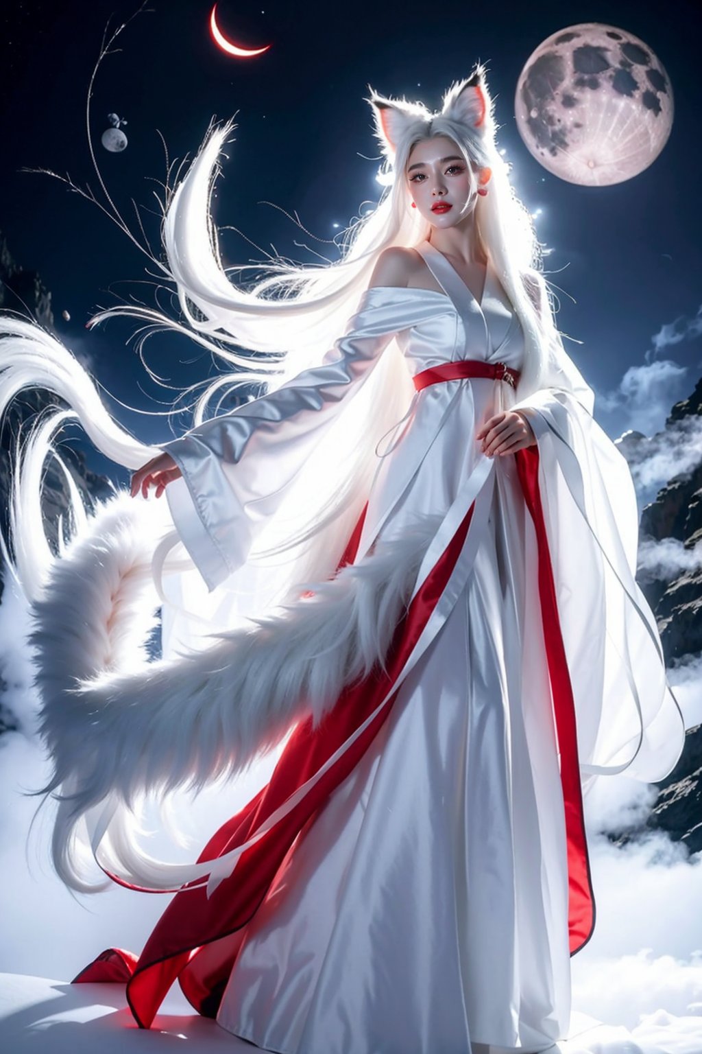 Ultra quality,8k,masterpiece,best quality,1girl,solo,long hair,looking at viewer,long sleeves,animal ears,cloud,night,moon, smoke,tail,full body,white hair,wide sleeves,fox ears,wind,robe,red lips,white theme, <lora:JAY - WHITE FOX:0.7>