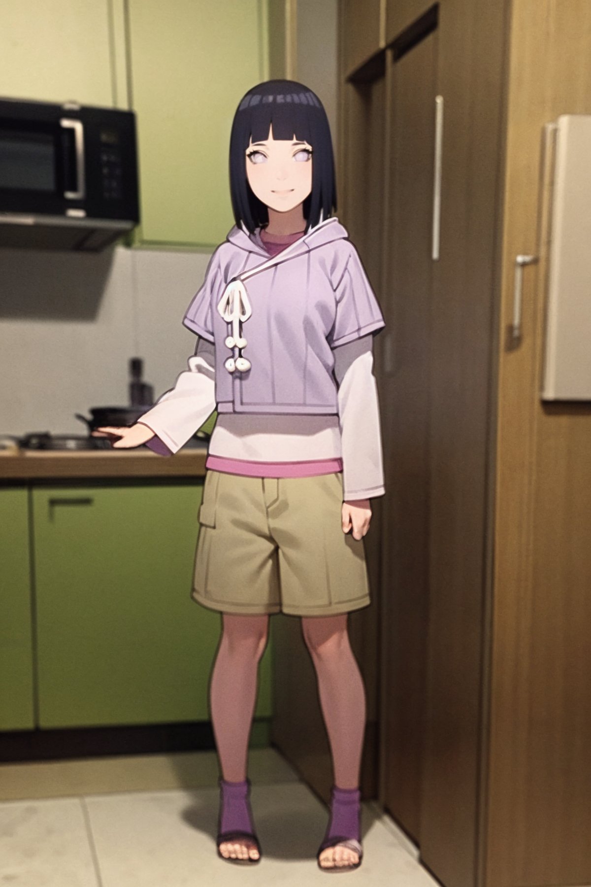 masterpiece, best quality,hinata_boru, 1girl, black hair, short hair, blunt bangs, hood down, hoodie, layered sleeves, beige shorts, smile, full body, standing, looking at viewer, solo, indoors, kitchen background   <lora:Hinata:1>