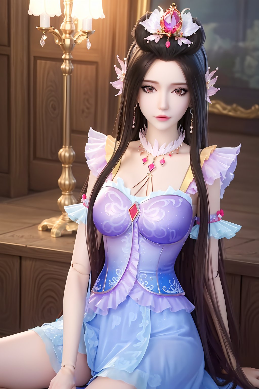 crystalstexture skin,best quality,masterpiece,ultra detailed,8k,RAW photo,realistic,photorealistic,ultra-detailed,intricate detail,extremely detailed,delicate pattern,masterpiece,looking at viewer,<lora:C_精灵叶罗丽_薇化茉莉_FEB:0.7>,1girl,solo,long hair,dress,hair ornament,jewelry,black hair,blue dress,very long hair,doll joints,joints,necklace,princess,bare legs,sitting,spread legs, 