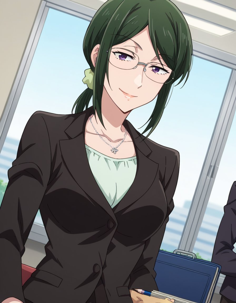 score_9, score_8_up, score_7_up, source_anime,hanakokoyanagi, <lora:hanako-koyanagi-s1-ponyxl-lora-nochekaiser:1>,hanako koyanagi, green hair, low ponytail, purple eyes, glasses,skirt, pantyhose, necklace, formal, suit, pencil skirt, skirt suit,indoors, office, smile,looking at viewer, dutch angle, cowboy shot,