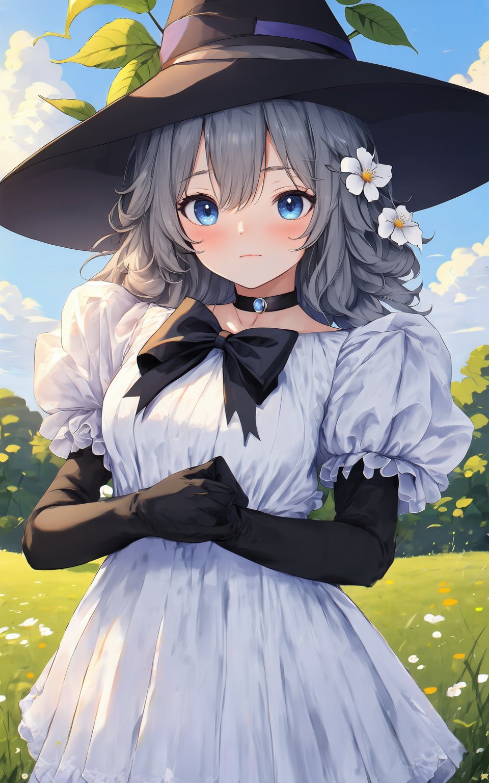 anime style, 1girl,long hair,looking at viewer,bangs,blue eyes,gloves,hat,dress,bow,closed mouth,standing,collarbone,flower,short sleeves,grey hair,outdoors,frills,sky,choker,day,black gloves,elbow gloves,puffy sleeves,white dress,puffy short sleeves,black headwear,witch hat,leaf,wavy hair,black choker,blue bow,expressionless,white flower,hat bow,purple bow,field