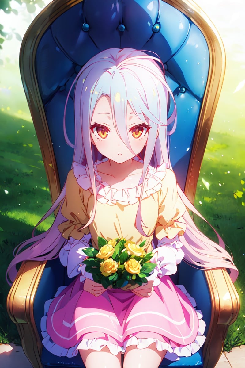 masterpiece, best quality, ultra-detailed, glistening shiny, glowing light, ray tracing, HDR, deph of field, (perfect face, detailed face), <lora:NgnlShiro:0.6>, 1girl, solo, ngnlshiro, very long hair, flat chest, princess dress, yellow shirt, pink skirt, sitting, on throne