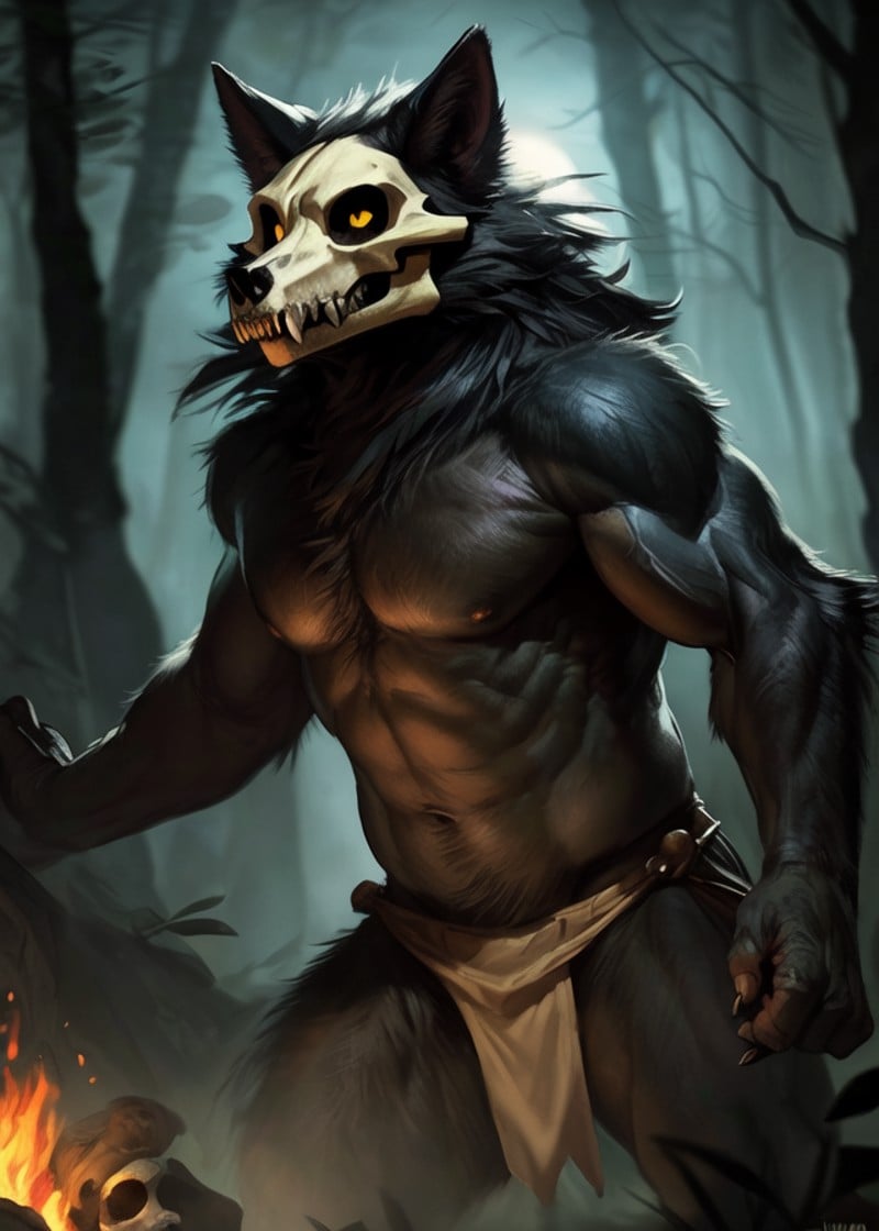 (by Jiandou, by Killioma, by Chumbasket), athletic (abyssal wolf:1.3), (skull mask:1.25), yellow eyes, standing, action pose, smile, sharp teeth, loincloth, steamy breath, (half-length portrait:1.25), (close-up), looking at viewer, BREAK, night, forest, foggy, mist, moonlight, glowing, leaf, detailed background, depth of field, backlighting, ambient silhouette, detailed foreground, masterpiece, best quality, light, 4k, 2k, photography, photorealistic, analog style, realistic, photorealism