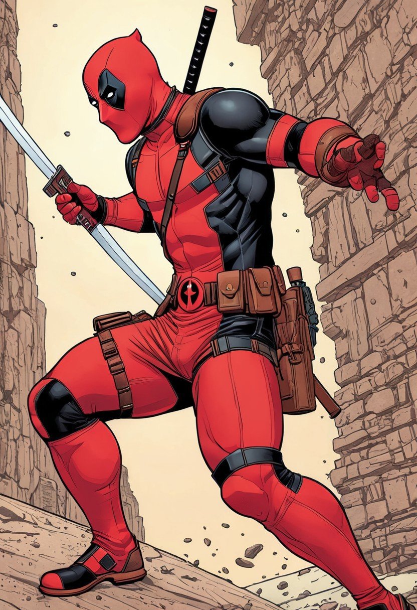 Deadpool from Marvel comics in action drawing with the style of Moebius