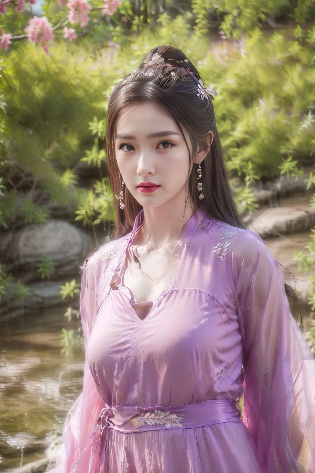 (best quality:1.3, masterpiece:1.3),realistic,(photorealistic:1.2),ultra high res,(1girl, solo),atmospheric perspective,fashi-girl detailed face,make up,(hanfu:1.2),pink lips,parted lips,closed mouth,shiny skin,(brown hair),very long hair,looking at viewer,blueeyes,earrings,slim body,perfect lighting,(front lighting),physically-based rendering,extremely detailed CG unity 8k wallpaper,lips,(china dress, dress:1.2),hair ornament,necklace,jewelry,long hair,earrings,(chinese clothes:1.2),large breasts,outdoors,water,river,Standing by the river,nature,mountain,depth of field,lens 135mm,f1.8,lens flare,floating sakura,flying butterfly,unbuttoned clothes,(upper body:2),dress,jewelry,flower,earrings,,purple dress,