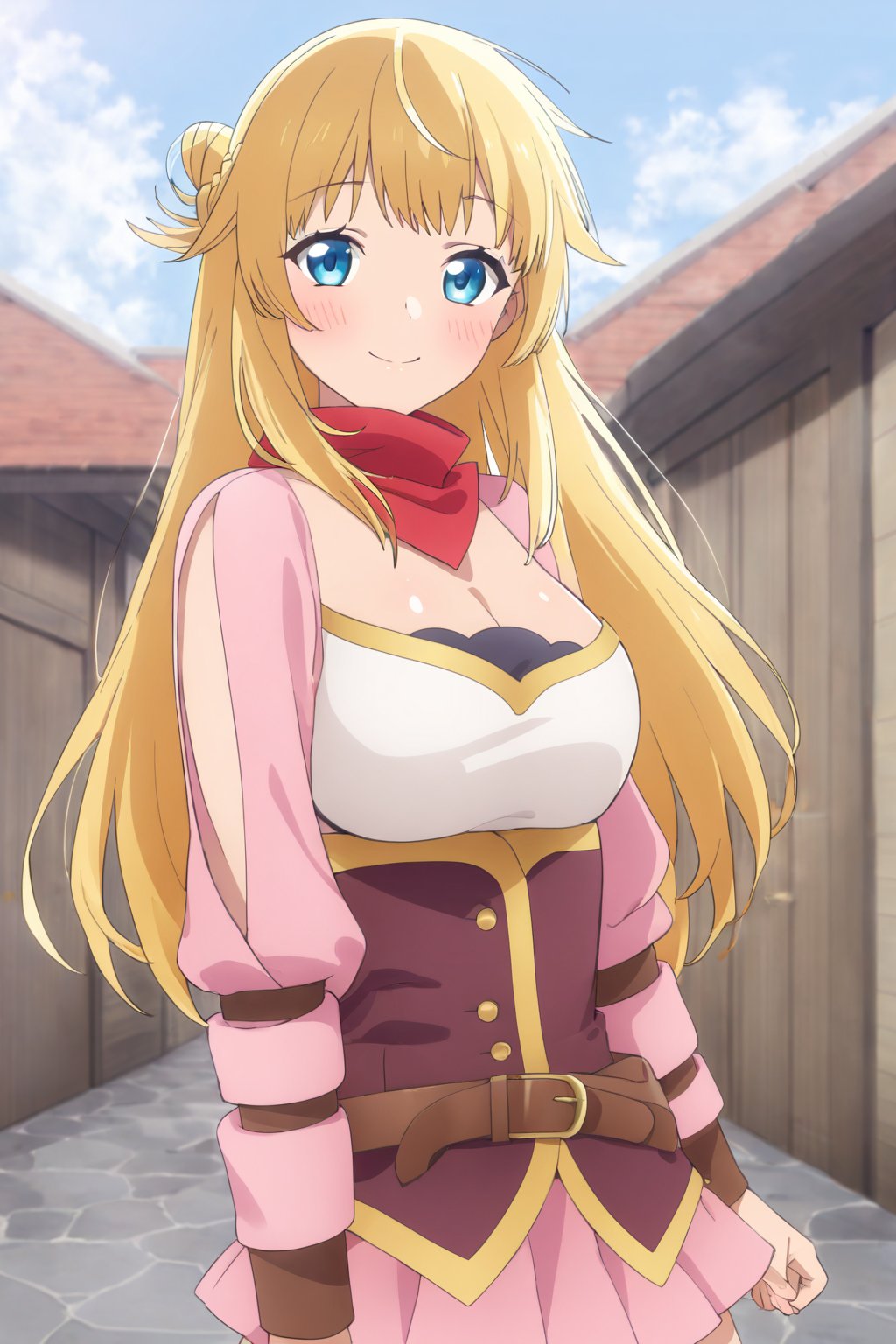 ritto, single hair bun,1girl, blonde hair, solo, blue eyes, long hair, smile, looking at viewer, hair bun, blush, closed mouth, red scarf, sky, cowboy shot, pink shirt, pink skirt,masterpiece, perfect face, best quality, beautiful girl, cute girl, beautiful eyes, shiny eyes, anime coloring, anime screencap, absurdres, award winning, <lora:ritto s2 asyncs 902:0.8>