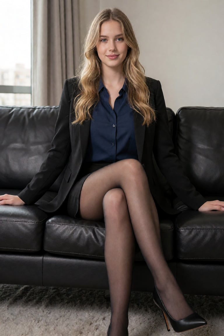 A young,  Caucasian woman is the central subject,  seated on a black leather couch. She appears to be in her late 20s or e...