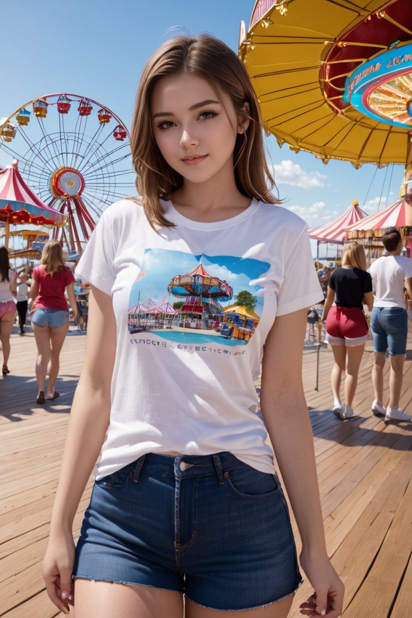 drawing, dramatic, 1girl, 21 years old european cute girl, t-shirt, denim shorts, (natural breasts), (Beach boardwalk, Amusement park, Ferris wheel, Carousel, Cotton candy, Arcade, Rollercoaster)