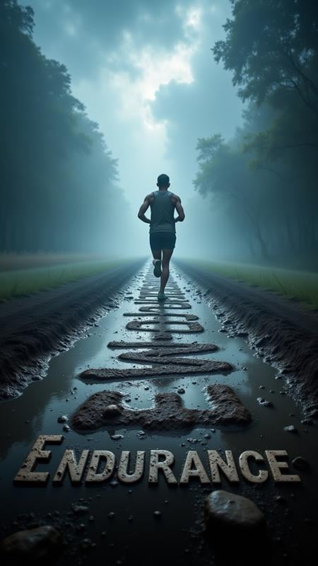 A sports drink commercial with an athlete running through a storm, their footprints in the mud forming the word “Endurance.” with Text: "Endurance"   , aidmaTextImprover