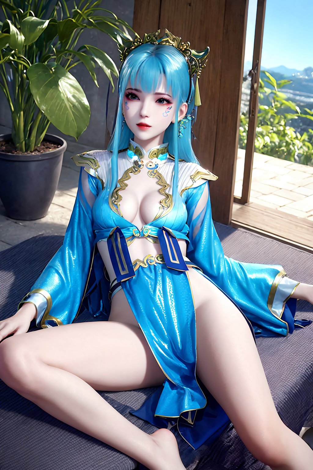 lying, on_back, lie_supine, flat, spread_legs, dress, chinese_clothes, long_sleeves, barefoot, looking_at_viewer, (scenery,  east_asian_architecture, potted_plant,  plant),1girl, solo, blue_hair, long_hair, hair_ornament, bangs, jewelry, earrings, jewelry, (straight-on), (cleavage),white_legwear, fingernails, nail_polish, makeup, petite,photo_\(medium\),(8k, RAW photo, best_quality), (masterpiece:1.2),(realistic), (photorealistic:1.3), (ultra-detailed),(extremely_detailed_cg_8k_wallpaper),(crystal_texture_skin:1.3), (shiny:1.2),(shiny_skin:1.4),(extremely_delicate_and_beautiful),<lora:syqiangk_加强_定坤_C9_5.2:0.8>,