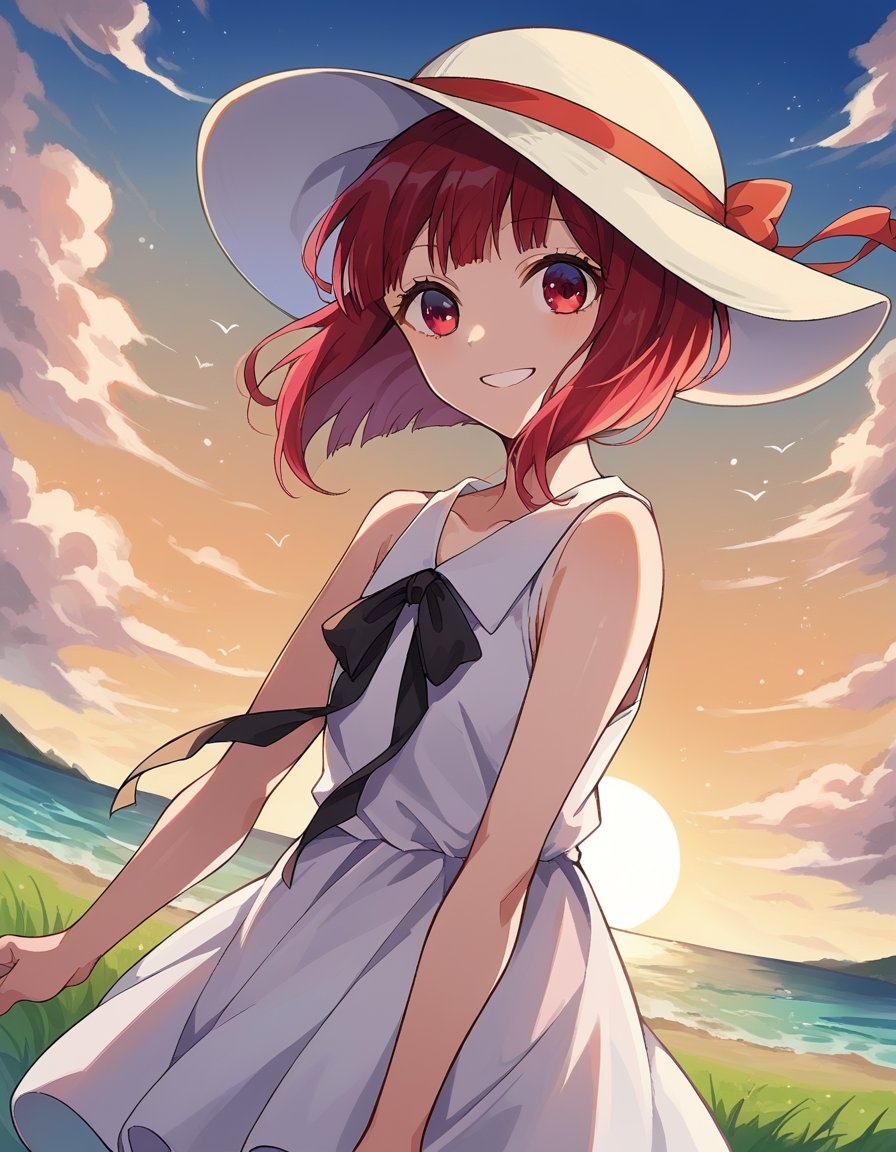 score_9, score_8_up, score_7_up, source_anime,kanaarima, <lora:kanna-arima-ponyxl-lora-nochekaiser:1>,kana arima, short hair, bangs, red eyes, red hair, bob cut, sun, smile,hat, dress, ribbon, sleeveless, white dress, sleeveless dress, white headwear, sun hat, sundress,outdoors, wind, ocean, grass, clouds, sun,looking at viewer, cowboy shot, dutch angle,