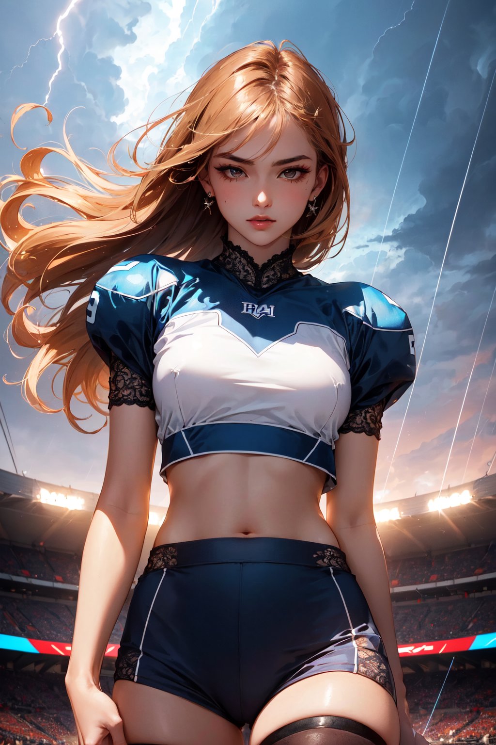 (masterpiece, best quality, hires, high resolution:1.2), (beautiful, aesthetic, perfect, delicate, intricate:1.2), (cute, adorable), (depth of field:1.2), (2girls, couple), (two sexy american football players), (natural breasts), (eyeshadow, eyeliner, glossy lips), (windy hair), midriff, navel, (carossed arms), (lace stockings), (shoulder pads), (at stadium), (into the storm:1.4), (cowboy shot:1.4), <lora:RageUnleashed:0.4>, r1ge,