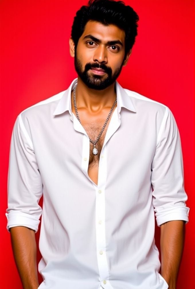 rana daggubati ,  The image is a high-resolution photograph,  standing against a solid red background. wavy hair styled to...