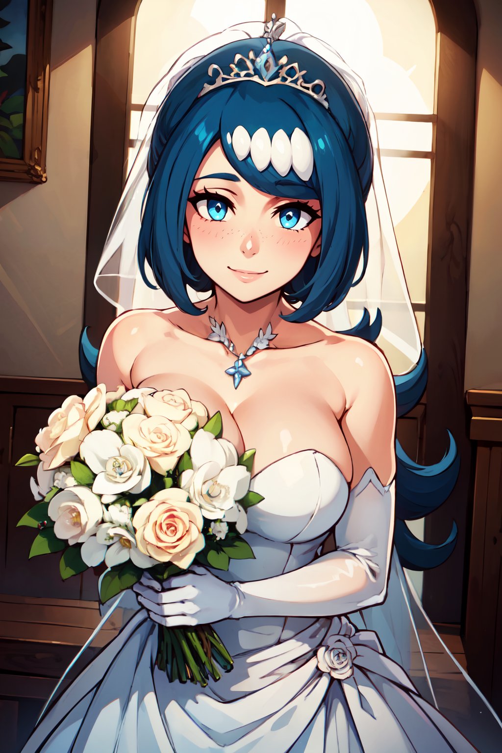 ((masterpiece,best quality)), absurdres,  BREAK,, <lora:Lanas_Mother_Pokemon:0.8>, zzLanasMother, blue hair, blue eyes, long hair, large breasts, hair ornament, , BREAK, bride, wedding dress, bridal veil, strapless dress, elbow gloves, holding bouquet,, BREAK, solo, smile, looking at viewer, cowboy shot,