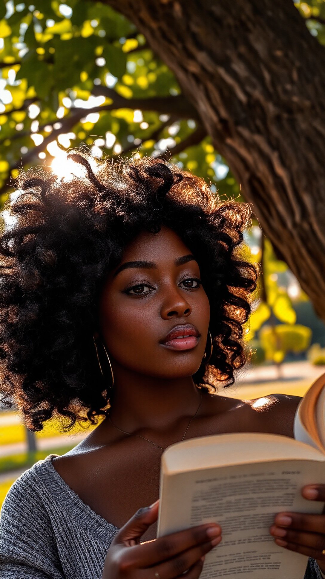 A captivating low-angle perspective of a beautiful black-skinned woman with curly hair, reading a book under a tree, sunlight filtering through the leaves to enhance her serene expression and the warm background colors <lora:Ebony_Beauties:1>