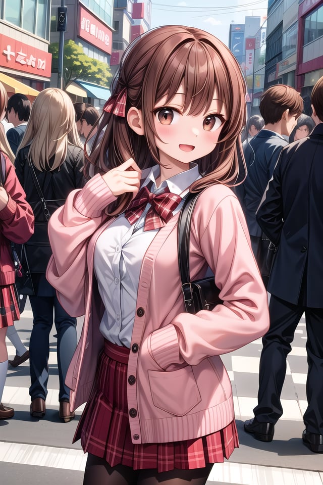 insanely detailed, absurdres, ultra-highres, ultra-detailed, best quality,1girl, solo, nice hands, perfect handsBREAK(School Uniforms:1.2), (pink cardigan is fit body:1.4), ((do up a buttons, not loose):1.5), ((long sleeve, sleeves past wrists):1.2), (inner wear is white collared-shirt:1.3), (red plaid-pattern bow:1.3), (red plaid-pattern pleated skirt:1.3), ((dark-brown pantyhose, loafers):1.2)BREAKhappy smile, laugh, open mouth, standing,from side,cute pose, cowboy shotBREAKslender, kawaii, perfect symmetrical face, ultra cute girl, ultra cute face, ultra detailed eyes, ultra detailed hair, ultra cute, ultra beautifulBREAKin harajuku, shibuya, tokyo, street, crowd, cityscapeBREAKmedium large breasts,(brown hair, brown eyes), hime cut