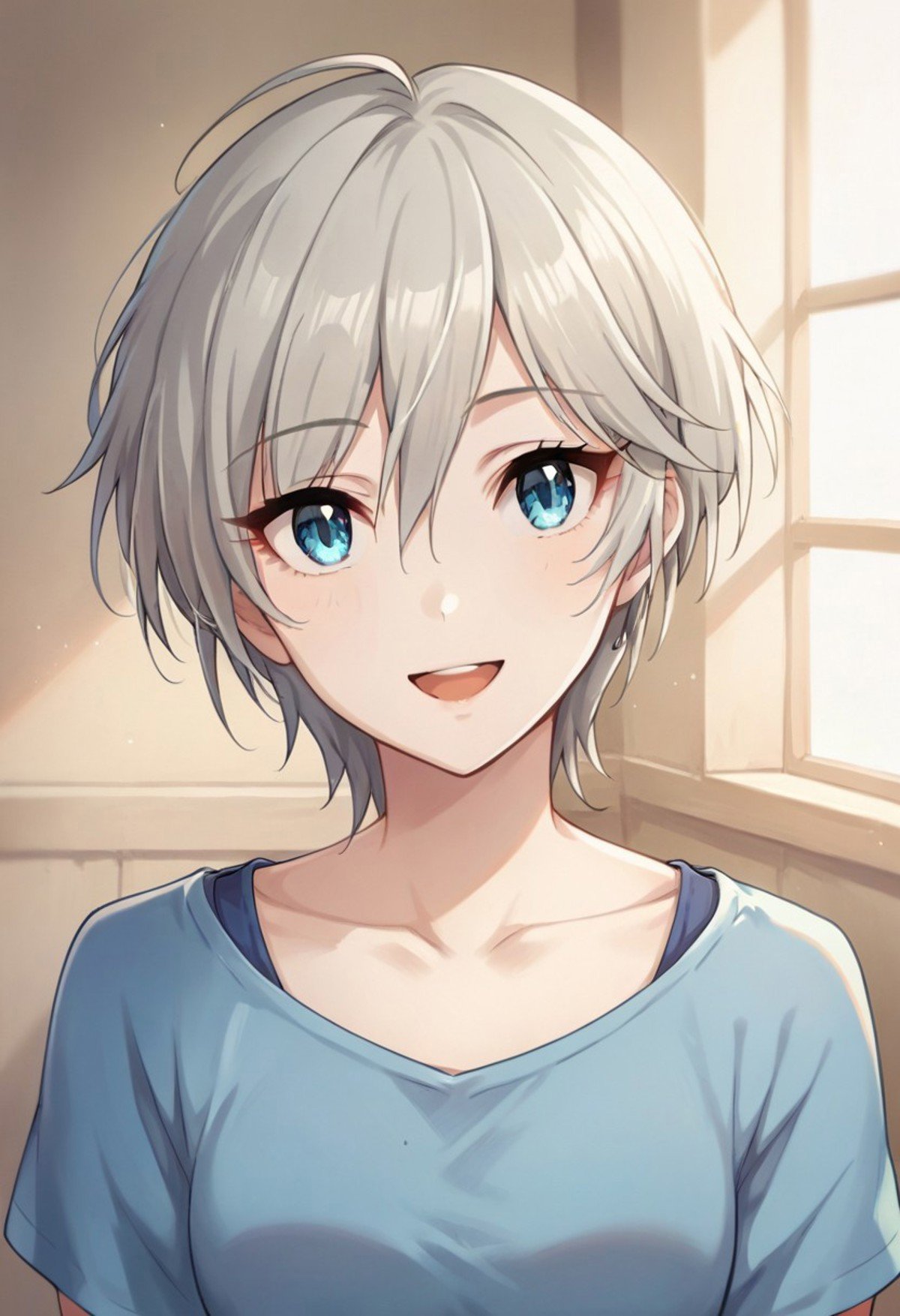 score_9, score_8_up, score_7_up, source_anime,anastasia, short hair, grey hair, blue eyes, 1girl, solo, smile, open mouth, looking at viewer, collarbone, shirt, blue shirt, upper body, hair between eyes