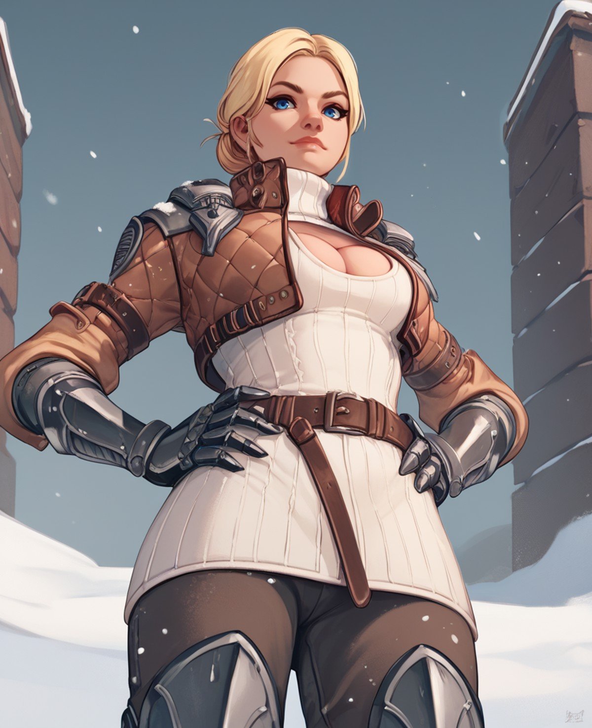 score_9,score_8_up,score_7_up,score_6_up,viessaxl,blue eyes,blonde hair,looking at viewer,low hairbun,cropped jacket,cleavage,turtleneck,belt,gauntlets,snow,facility,hands on hips,standing,from below,<lora:Viessaxl:0.9>,