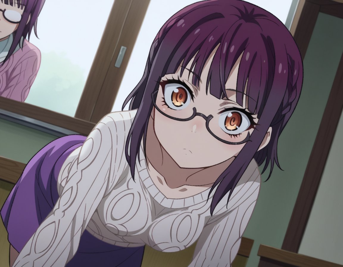 score_9, score_8_up, score_7_up, source_anime,sumikafujimiya, <lora:sumika-fujimiya-s1-ponyxl-lora-nochekaiser:1>,sumika fujimiya, brown eyes, purple hair, braid, glasses, semi-rimless eyewear, under-rim eyewear,sweater, long sleeves, collarbone, skirt, purple skirt,indoors, bent over,looking at viewer, dutch angle,