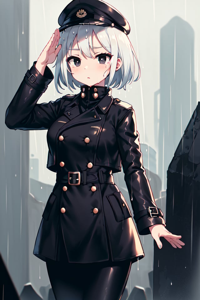 ((masterpiece, best quality)), (1girl), (solo), (female focus), (white hair, short hair, undercut), black eyes, blank stare, black peaked cap, black military uniform, (black trench coat, latex trench coat, long trench coat), black pants, wet clothes, (heavy rain, rainy, cloudy sky), salute, graveyard,<lora:nijiStyle:0.4>