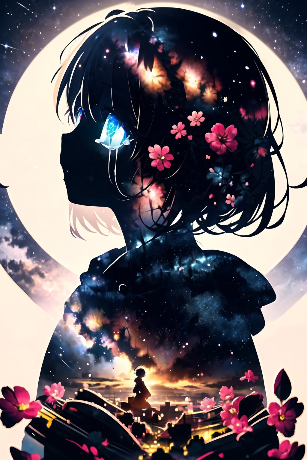 masterpiece, best quality, (silhouette:1.3), short hair, glowing eyes, beautiful eyes, star (sky), profile, flower, tears, <lora:silhouette-000012:0.8> 