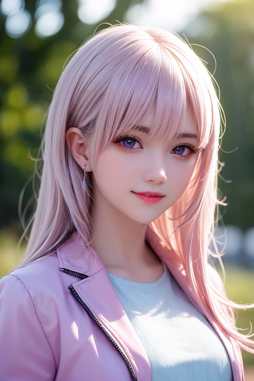 intricate details, thin, slim, beautiful girl, Light pink hair, white skin, purple eyes, sharp jawline, cropped jacket, messy hair, lips, upper body, close up, smirk, outdoors,