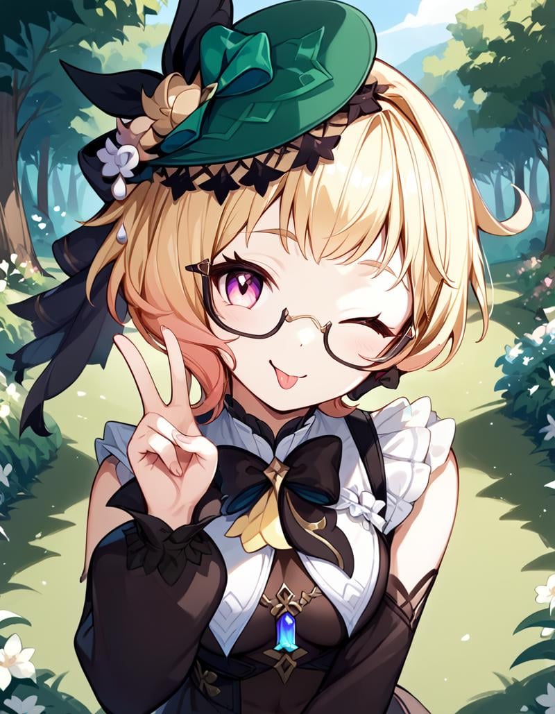 score_9, score_8_up, score_7_up,em1lie,official_costume,v, cute, smiling, happy, tongue out,one eye closed,forest background, flowers, <lora:emilie:0.9>