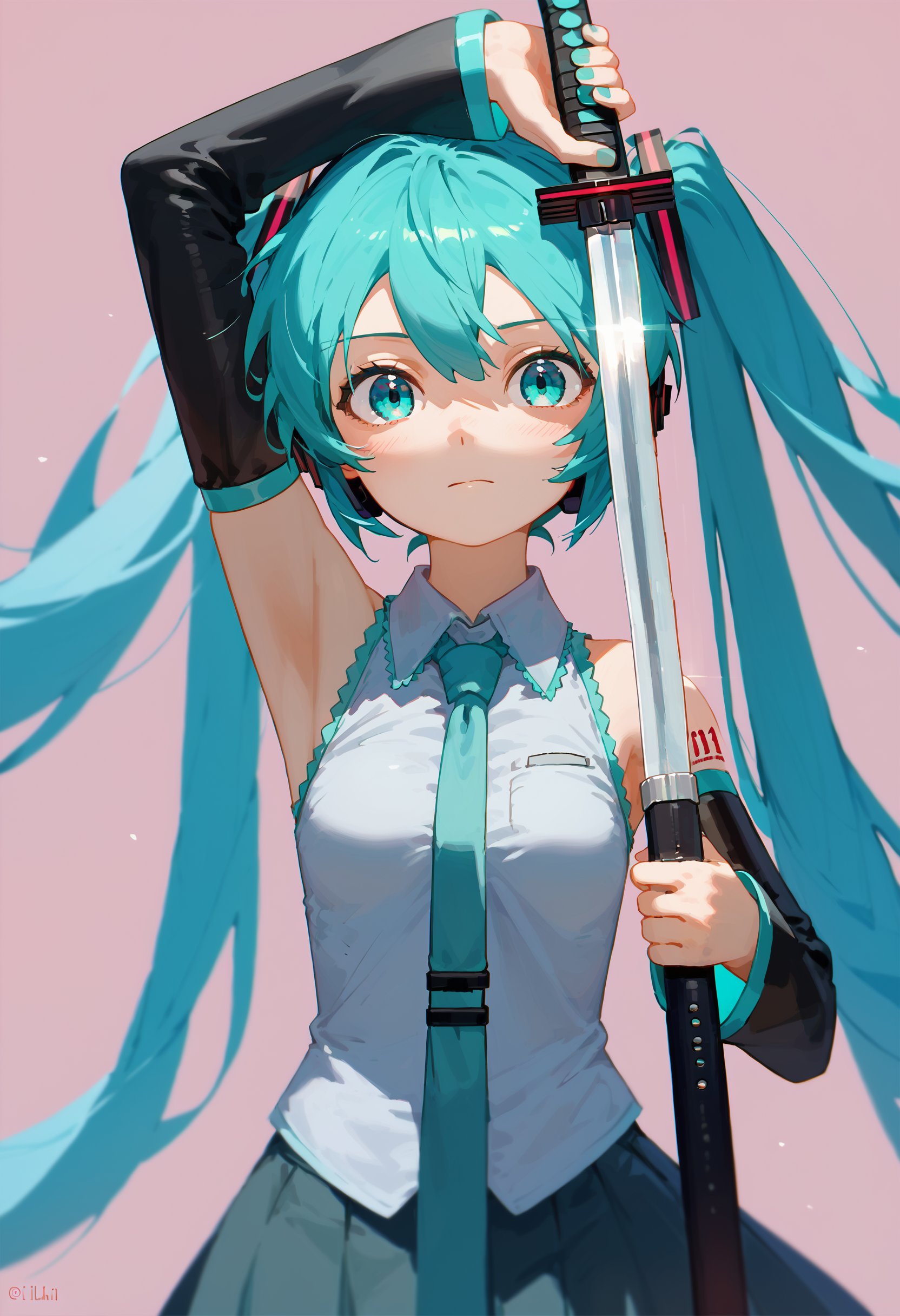 score_9, score_8_up, score_7_up, 1girl, arm up unsheathing sword, simple background, hatsune miku, skirt, detached sleeves<lora:unsheathing_pose_vertical_3_final:1>