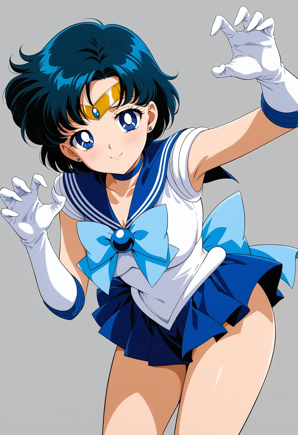 (masterpiece, best quality, very aesthetic, ultra detailed), intricate details, 4k, aamercury, short hair, blue hair, tiara, earrings, blue eyes, blue choker, blue sailor collar, blue bowtie, white shirt, elbow gloves, white gloves, pleated skirt, blue skirt, bare legs, <lora:sailor_mercury_animaginexl_v1:0.9>, smile, claw pose, leaning forward, simple background, upper body,