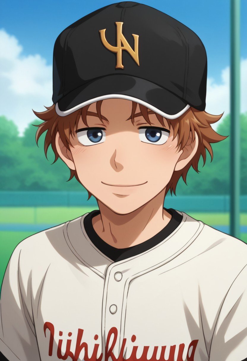 score_9, score_8_up, score_7_up, source_anime, highly detailed, fumiki, 1boy, male focus, brown hair, sportswear, hat, baseball cap, baseball uniform, smile, solo, blue eyes, looking at viewer,