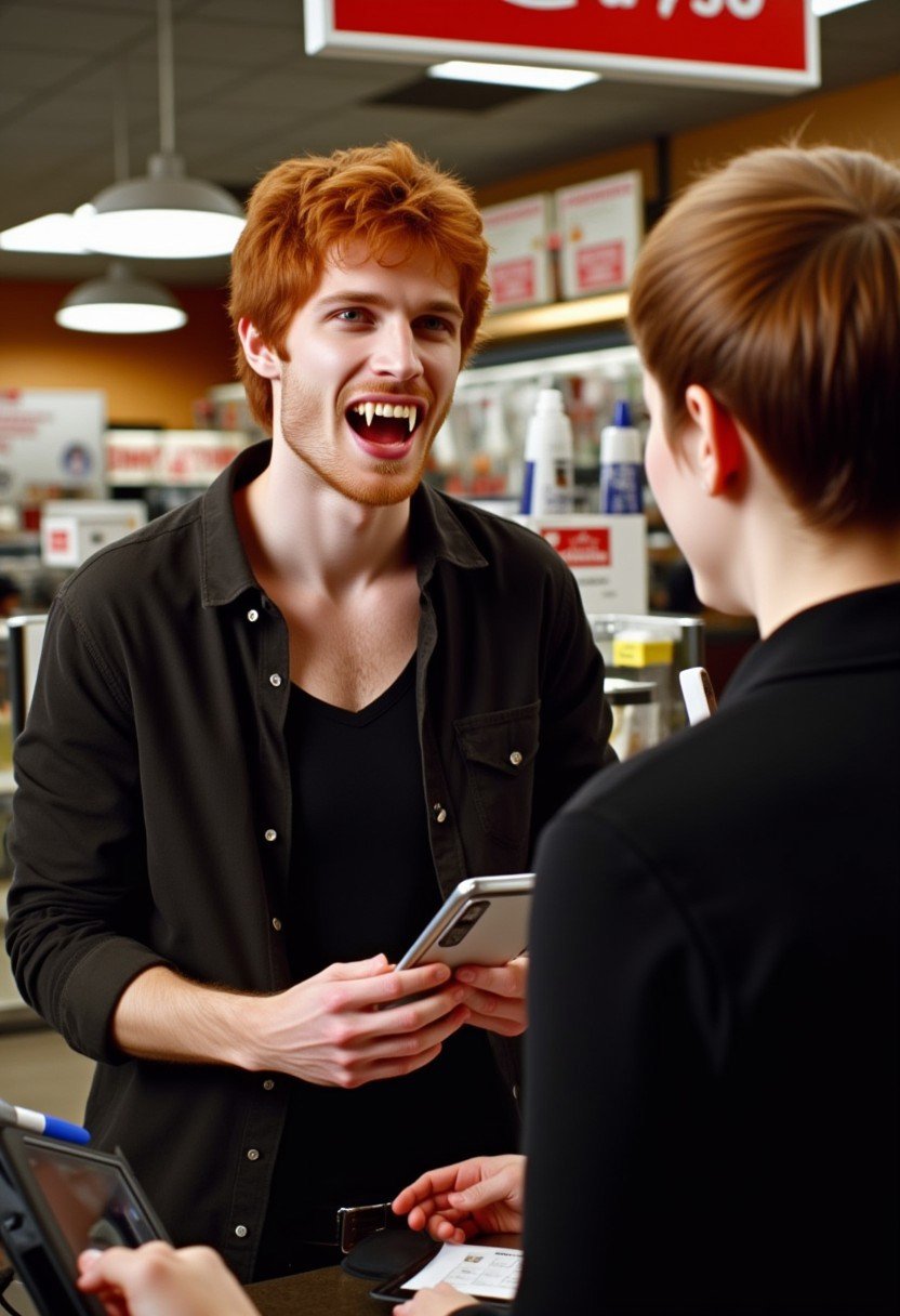 Vampyfangs1. a film still photo. 35mm. 4k. From a 2003 movie. A ginger beared ginger haired vampire man with fangs is talking to a cashier at a hot topic